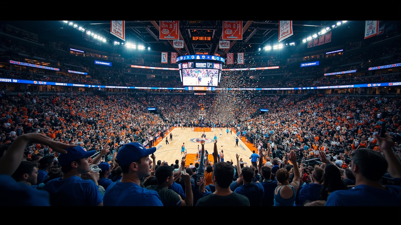 An NBA arena with championship banners and a crowd in blue and orange celebrating