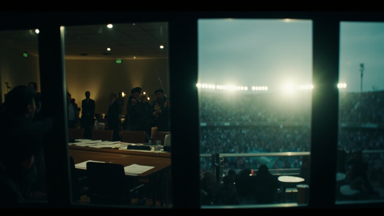 A split image showing a diplomatic meeting hall on one side and a sports arena on the other