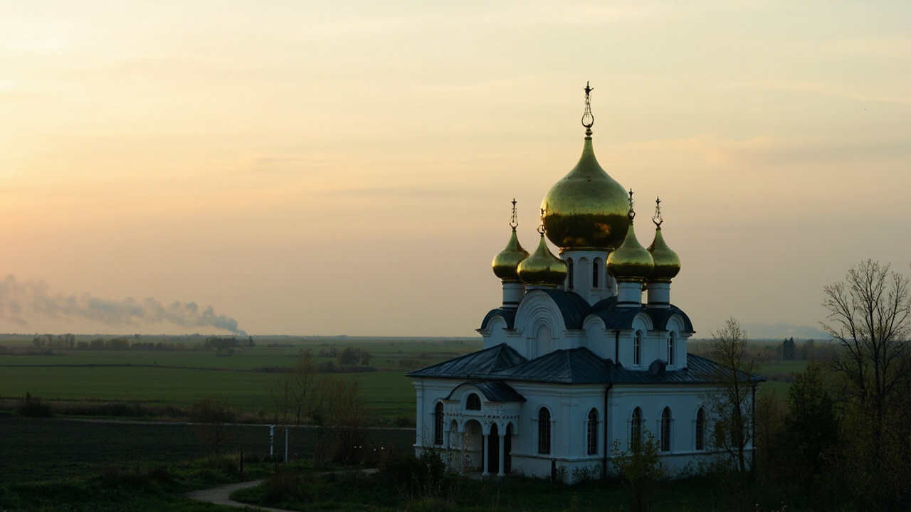 An Orthodox church with golden domes stands behind a field with smoke rising in the distance on a spring evening