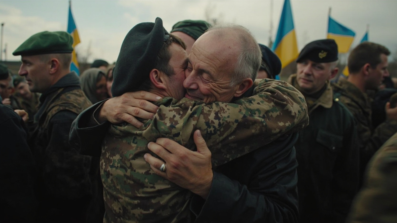 Ukrainian soldiers in military fatigues embracing family members after release from captivity