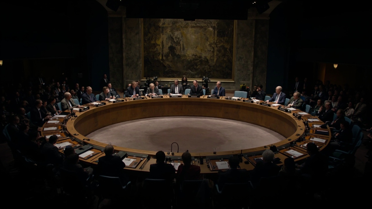 The UN Security Council chamber with delegates at the horseshoe table