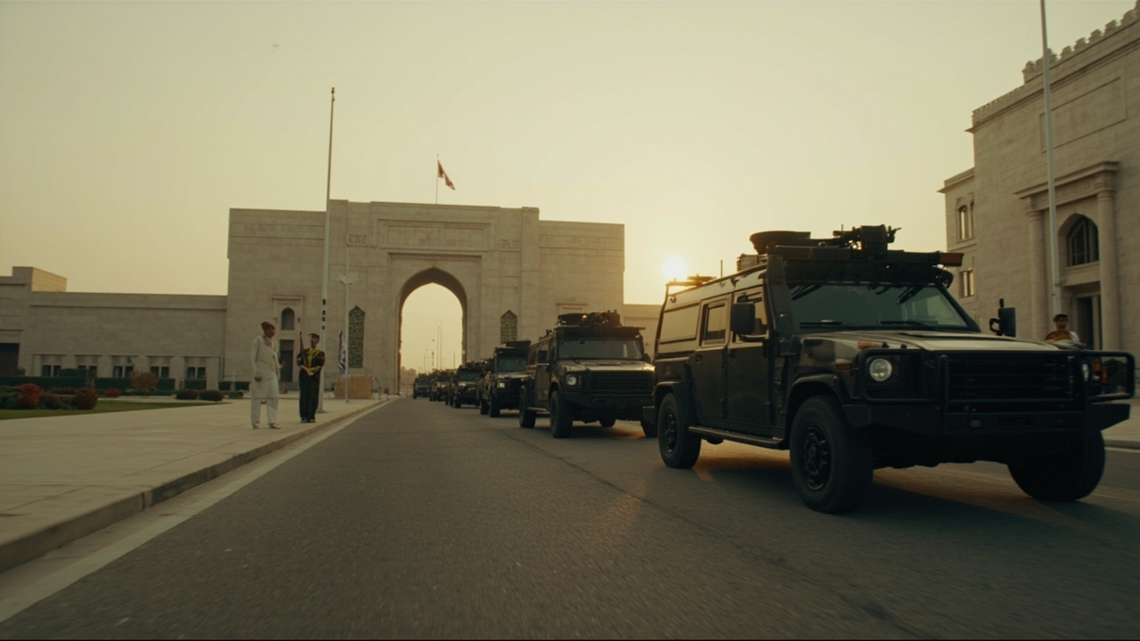 Armored motorcade arriving at Pakistani government building with security escort