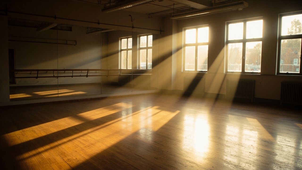 An empty dance studio with wooden floors, a ballet barre, and afternoon light streaming through tall windows