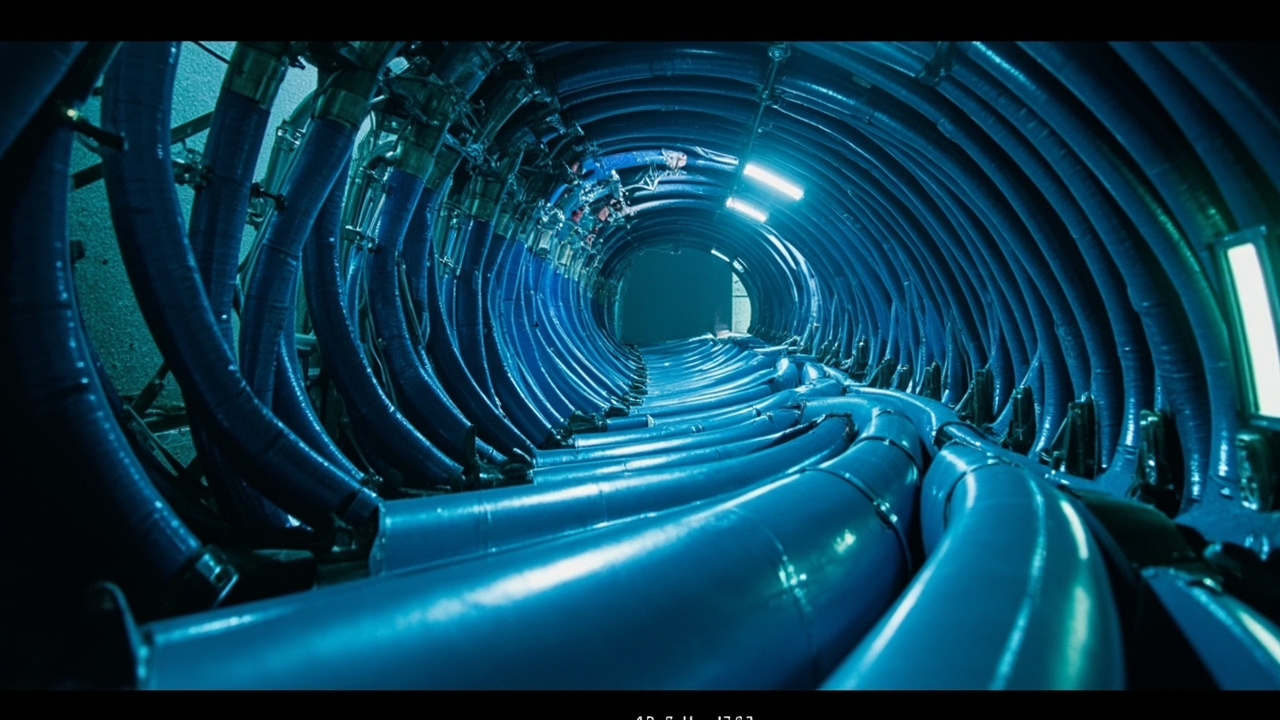 The interior of the Large Hadron Collider tunnel at CERN with its curved blue superconducting magnets