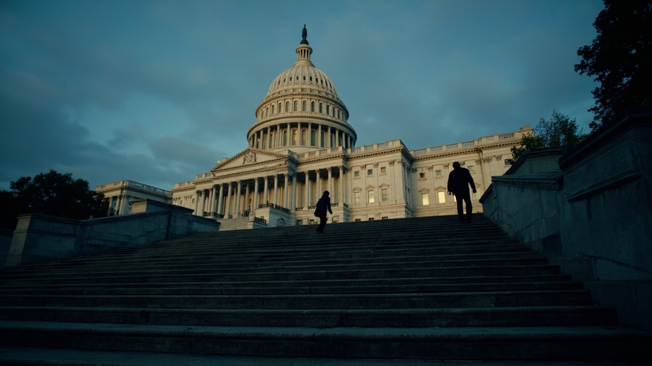 The U.S. Capitol building at dusk with an overlay of a ticking clock approaching midnight