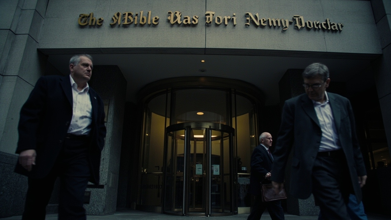 The entrance to a newspaper building with revolving doors and a few people walking past