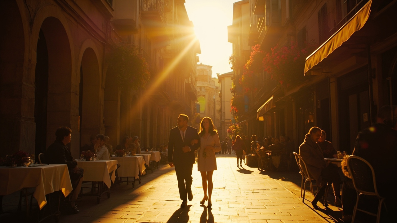 A sunlit Italian piazza with cafe tables and a couple walking through golden evening light