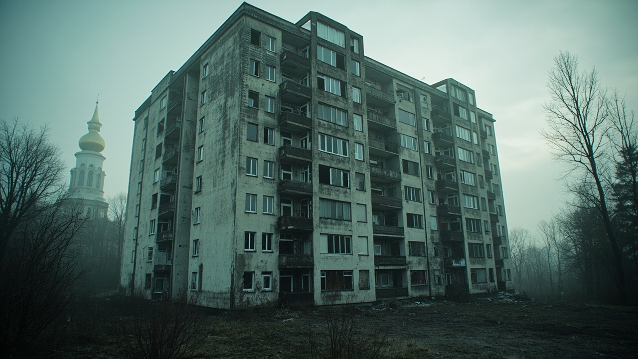 A damaged residential building in eastern Ukraine with an Orthodox church steeple visible behind it