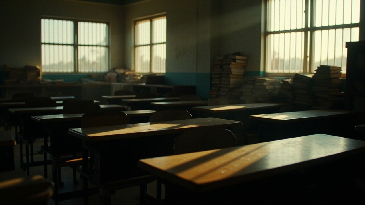 Empty school desks in a dimly lit classroom with dusty sunlight streaming through windows