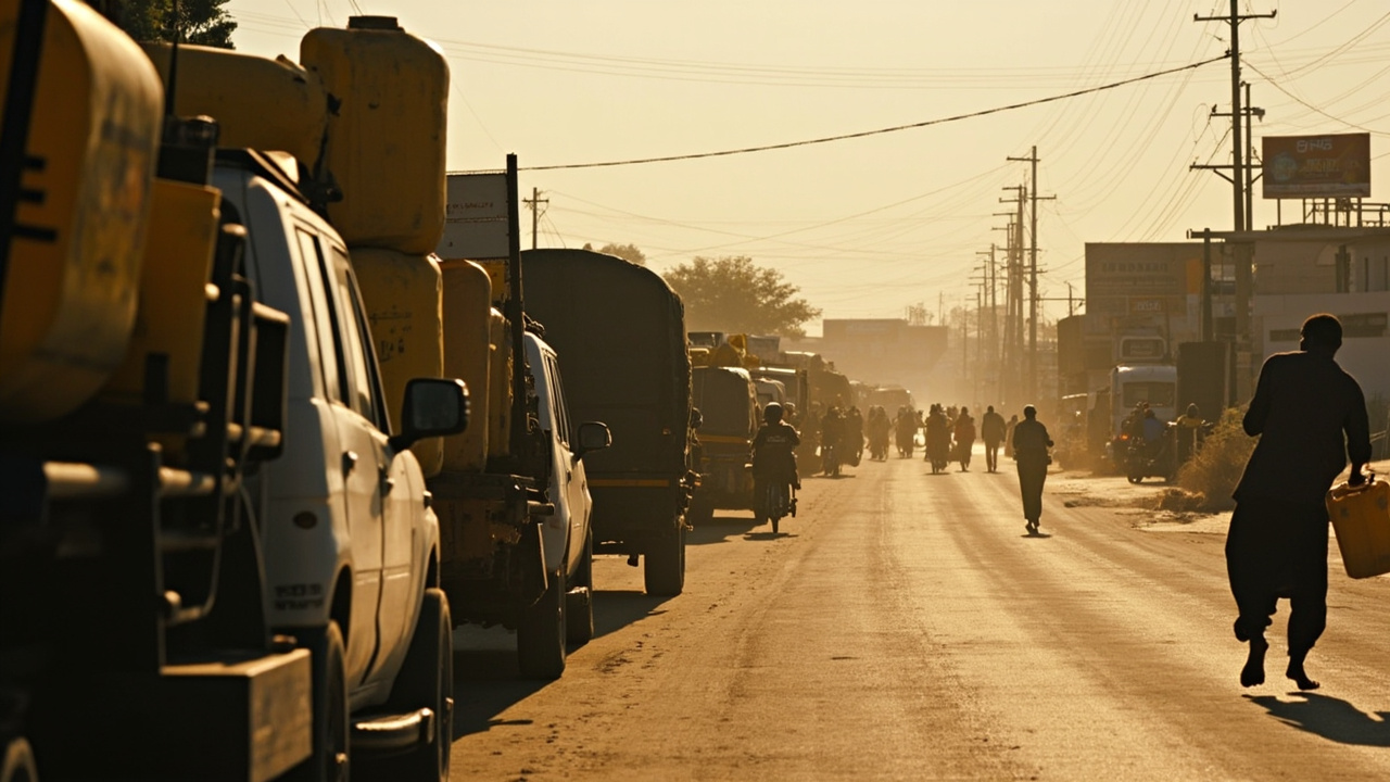 A long queue of vehicles and fuel containers at a gas station in an African city under harsh sunlight