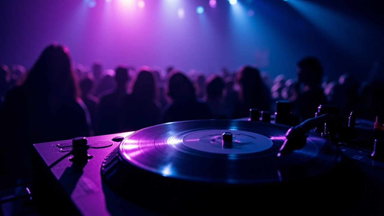 A turntable and vinyl records under colored stage lights in a dimly lit venue