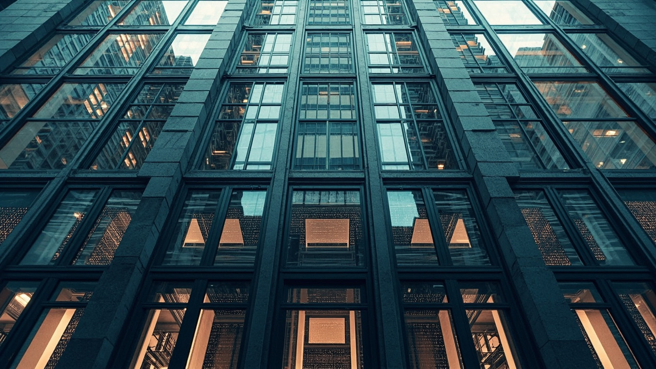 A Wall Street building facade with digital data overlays