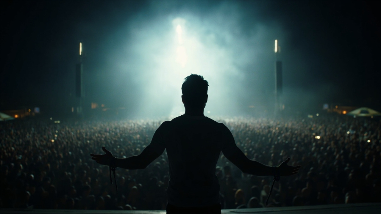 A lone performer on a massive festival stage bathed in white spotlight with a vast crowd beyond