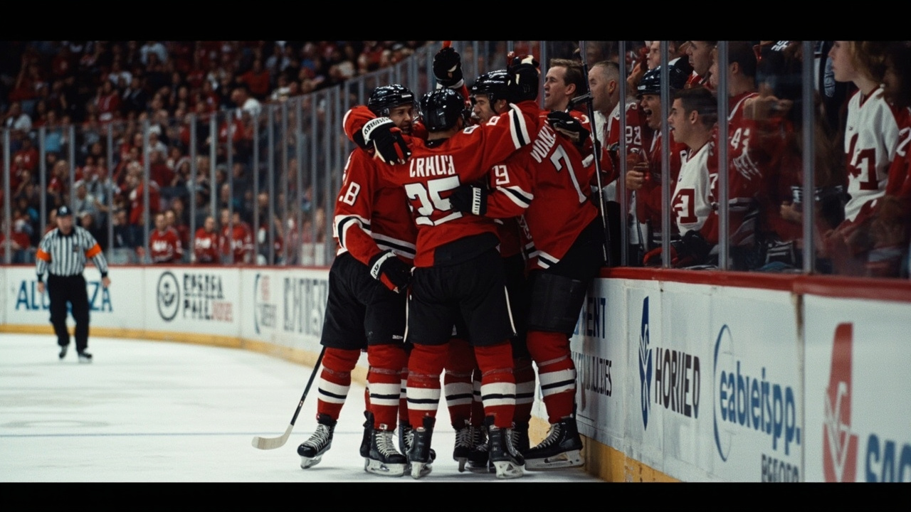 Montreal Canadiens players celebrate a goal at UBS Arena
