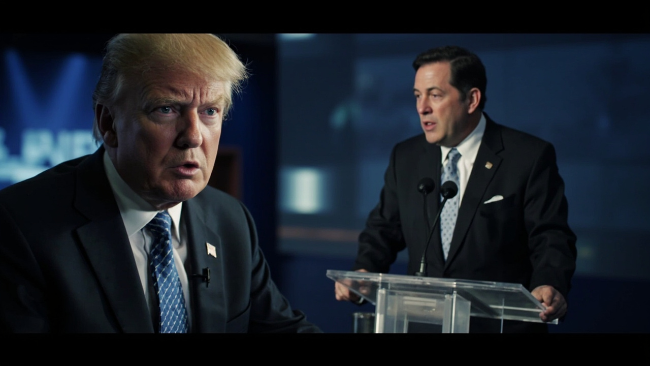 A split-screen television showing Tucker Carlson on one side and Donald Trump on the other, both mid-sentence