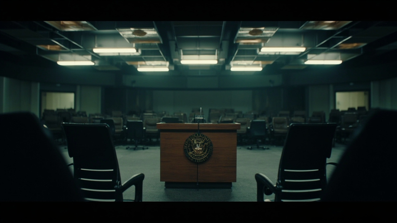 A Pentagon briefing room podium with a CENTCOM seal, empty chairs in the foreground suggesting unanswered questions