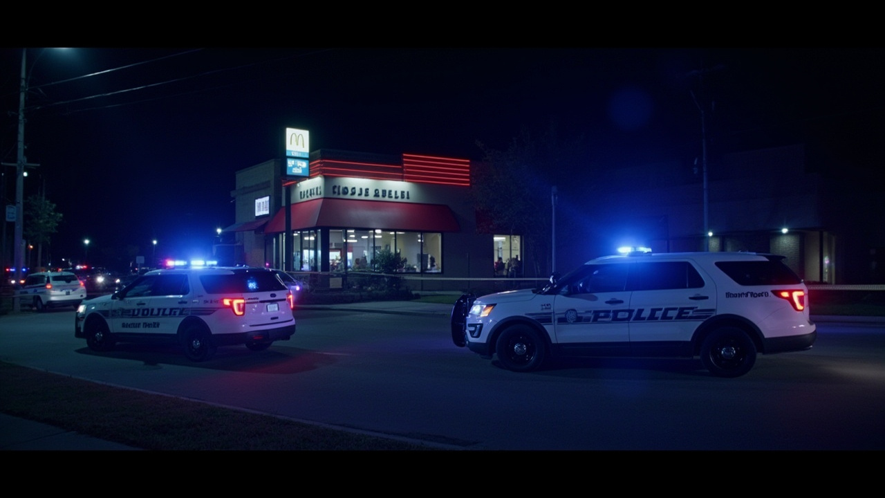 Police cars with flashing lights outside a fast-food restaurant at night