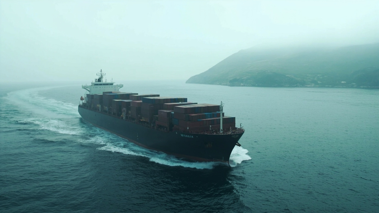A cargo ship transiting a narrow waterway with Iranian coastline visible