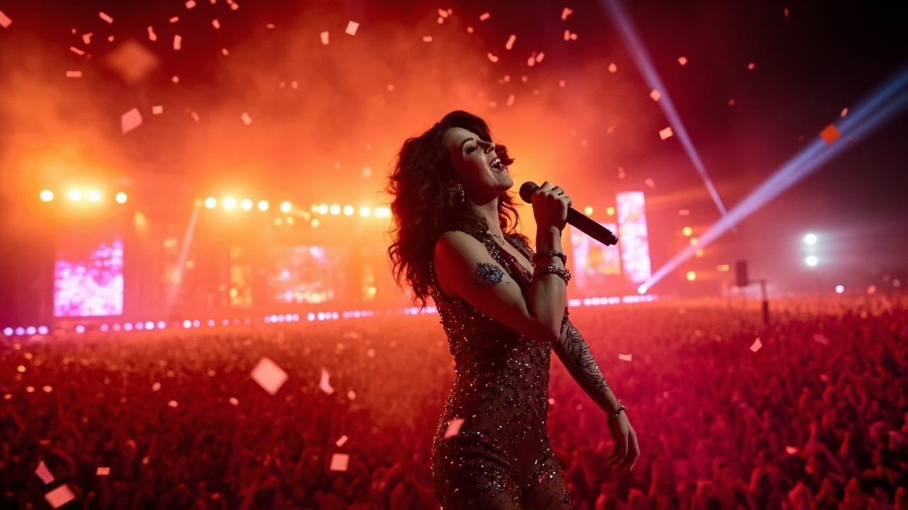A female performer in tropical costume on the Coachella main stage with colorful lights and a massive crowd