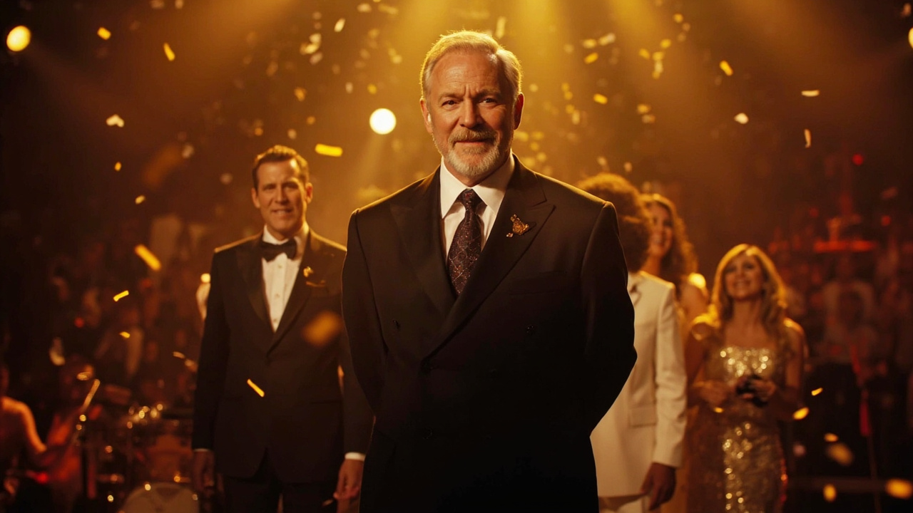 A man in a suit standing on a brightly lit stage surrounded by cast members during a television show finale
