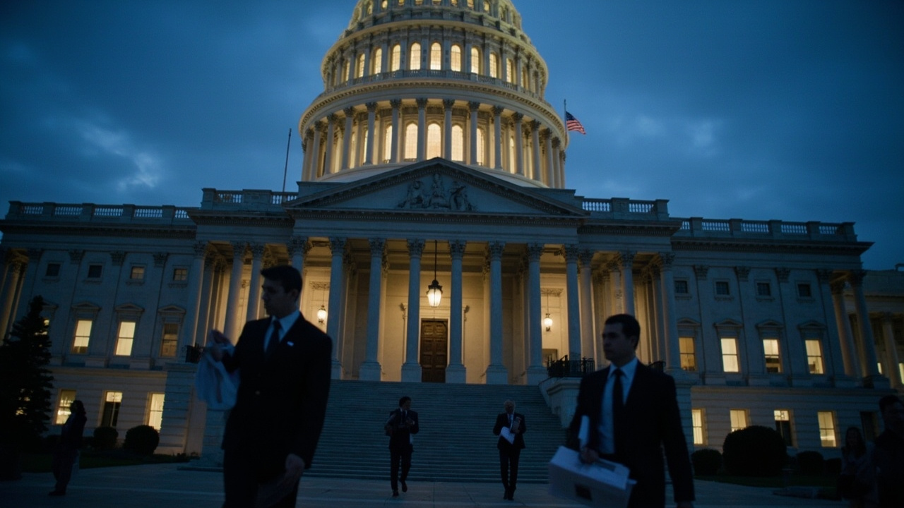 The United States Capitol dome at dusk with lights glowing inside the Senate chamber