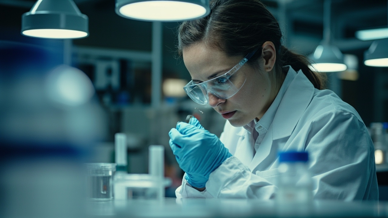 A researcher in a laboratory holding a vial under fluorescent lighting