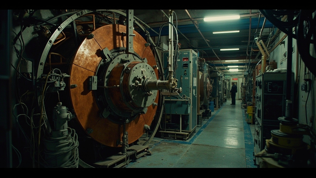 Underground physics laboratory with cylindrical detector surrounded by shielding and cables