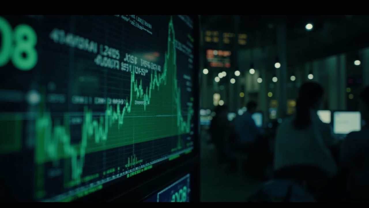 Foreign exchange trading screens showing the dollar index climbing in green digits