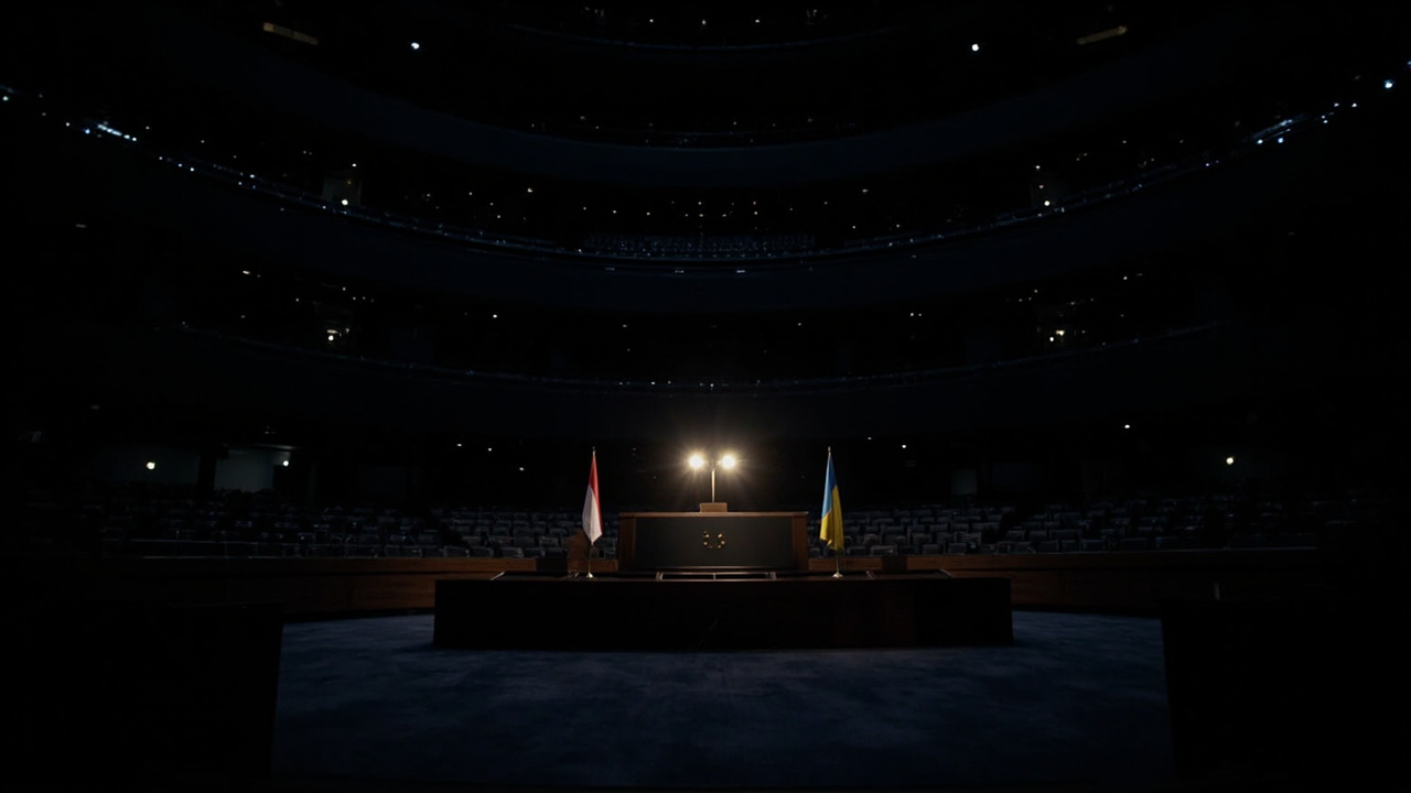 EU Parliament chamber with Hungarian and Ukrainian flags visible in the background
