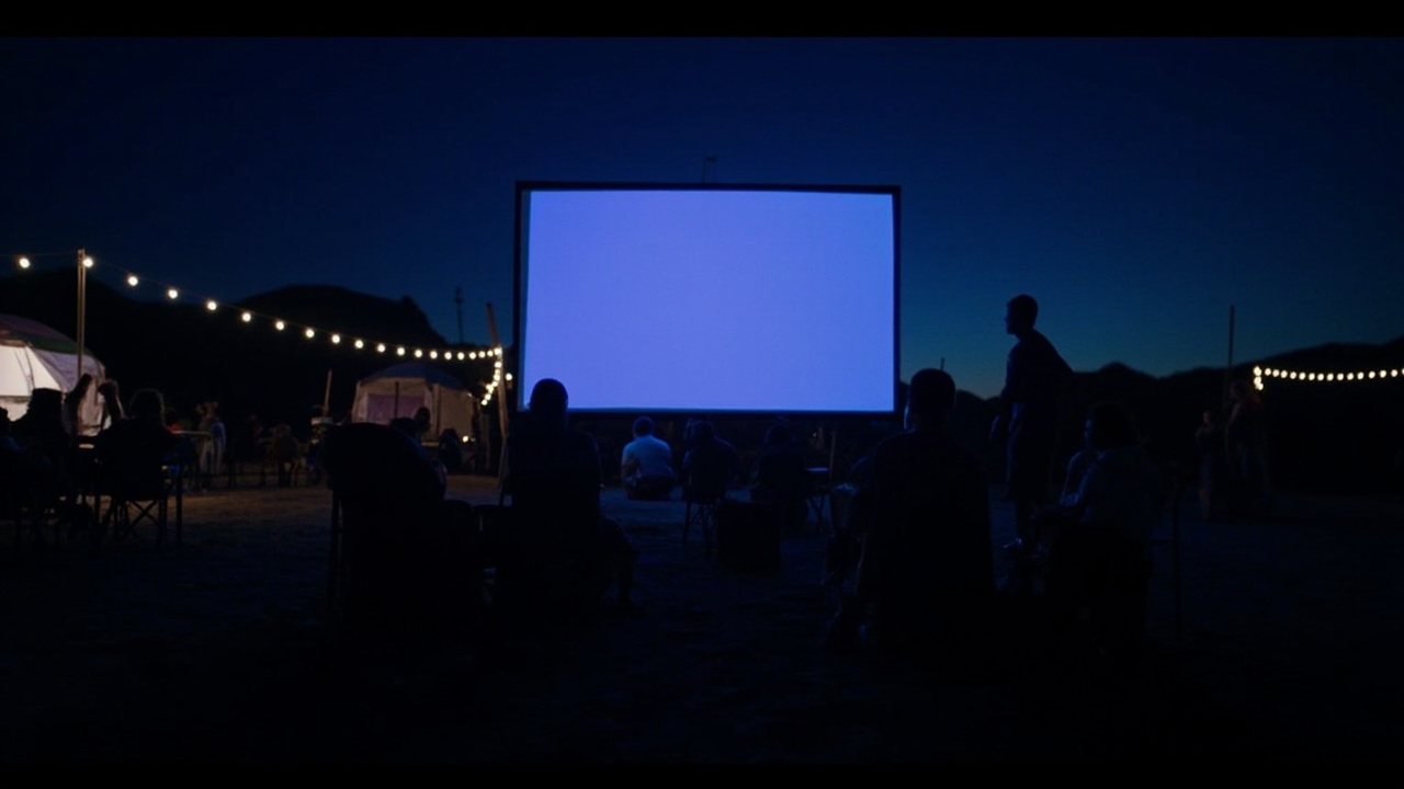 A massive outdoor screen glowing in a dark festival campground with silhouetted crowd watching