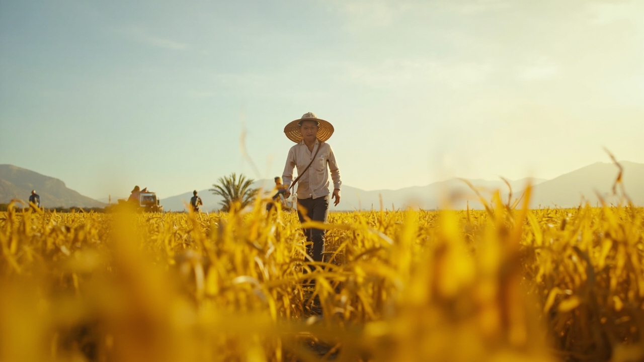 Farmworkers picking crops in a California field under a wide sky