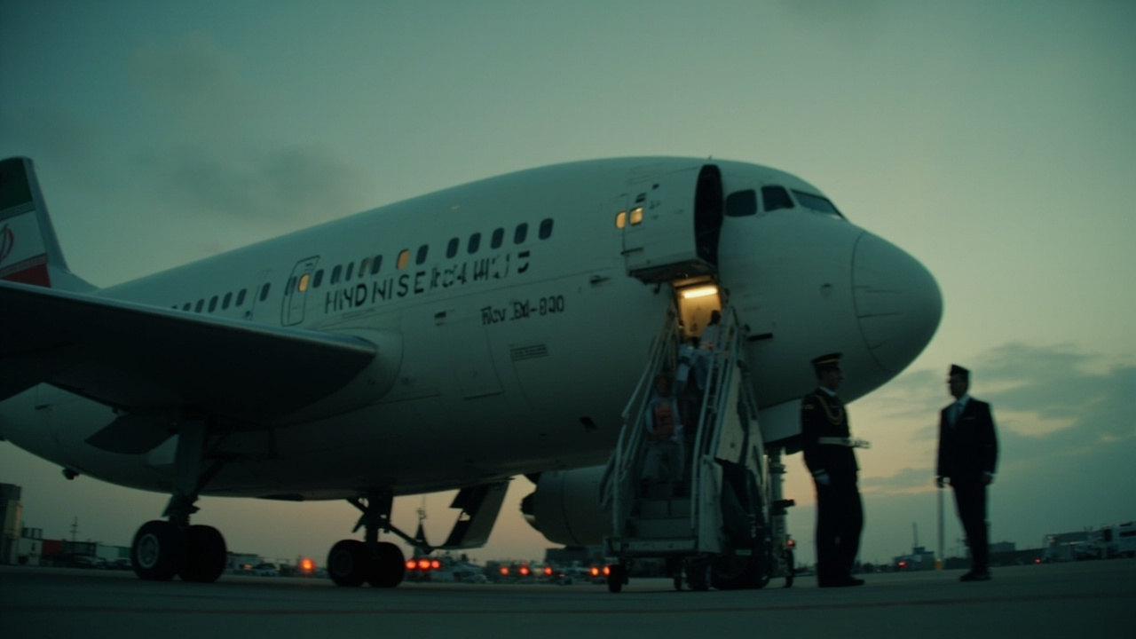 An Iranian government official descending airplane steps at Tehran airport with a military escort
