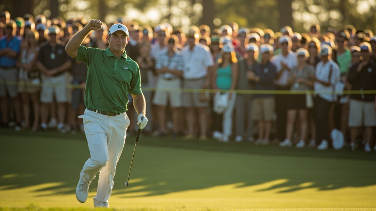A golfer celebrating an eagle with a fist pump on a sunlit Augusta National green