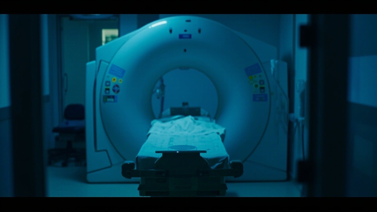 An MRI machine in a dimly lit hospital imaging room