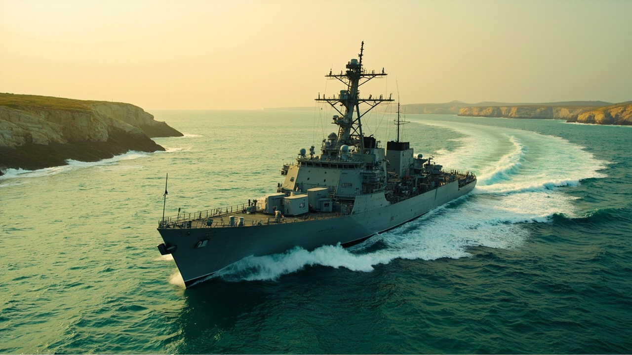 A guided-missile destroyer transiting the narrow waters of the Strait of Hormuz at dawn