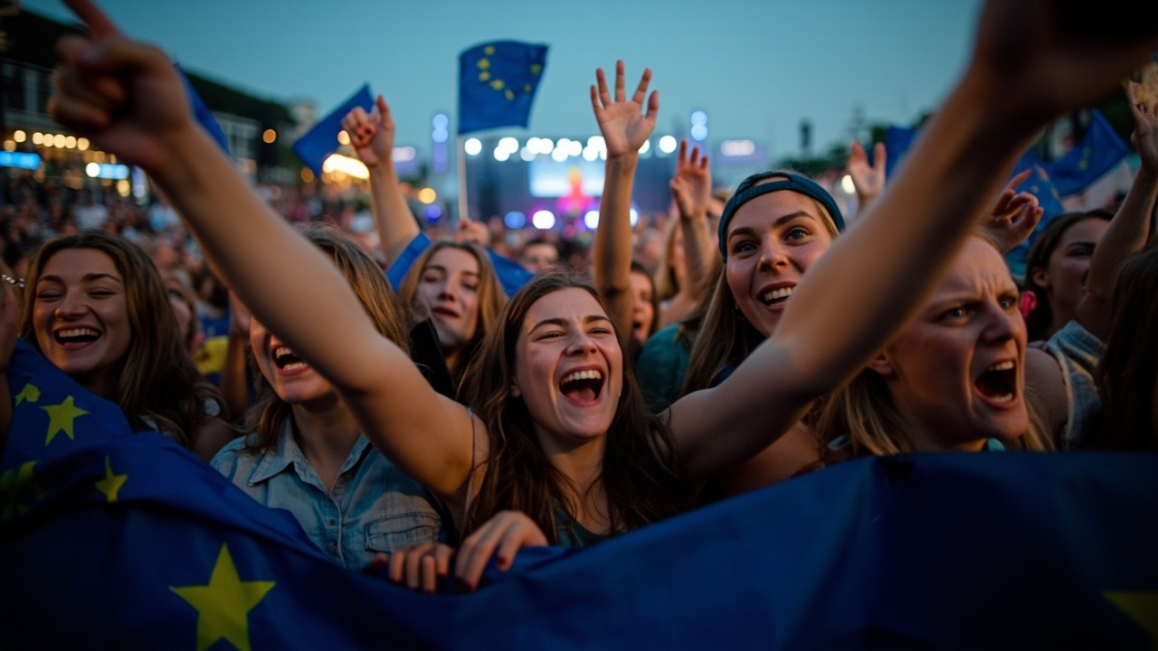 Young Hungarians celebrating at an outdoor election night rally with EU flags and blue Tisza banners
