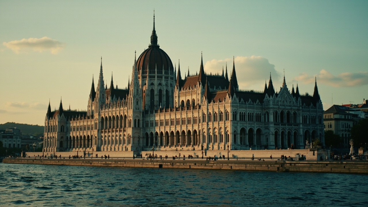 The Hungarian Parliament building in Budapest seen from across the Danube at dusk