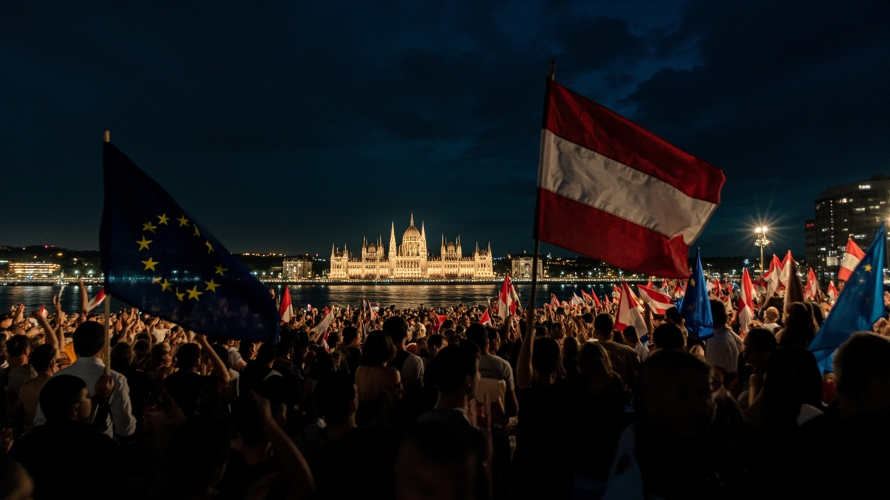 Tens of thousands of jubilant supporters along the Danube in Budapest celebrating the Tisza party victory at night