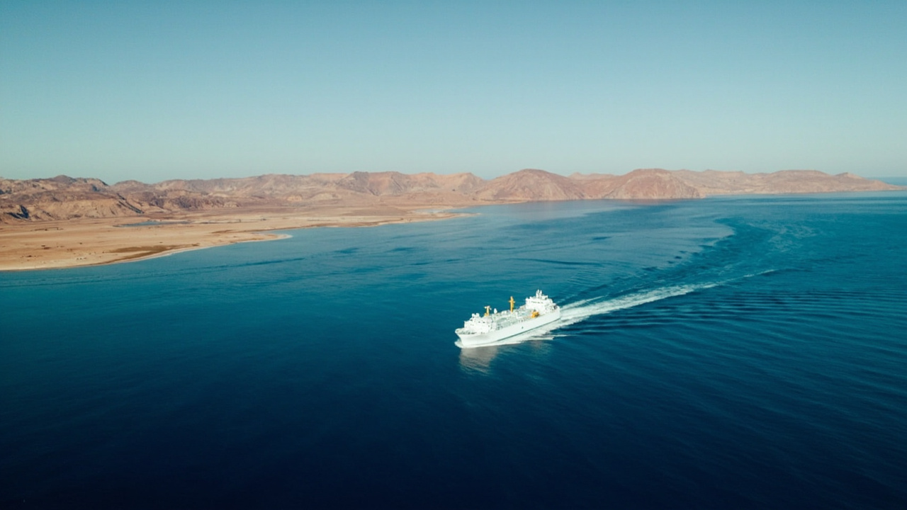 An LPG tanker seen from above passing through a narrow strait with mountainous coastline on both sides