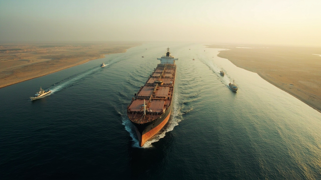 A large crude oil tanker crossing narrow strait waters with hazy coastline visible on both sides