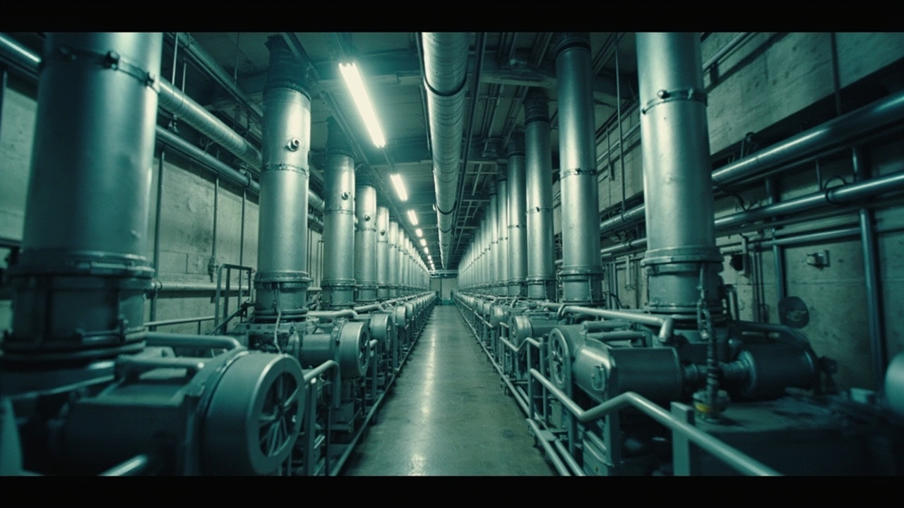 Industrial centrifuge cascade pipes in a brightly lit underground facility
