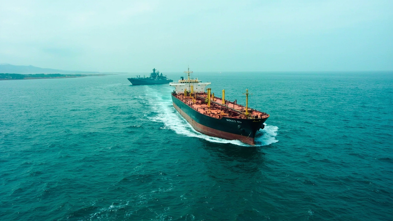 An oil tanker reversing course in the narrow waters of the Strait of Hormuz with a naval vessel in the distance