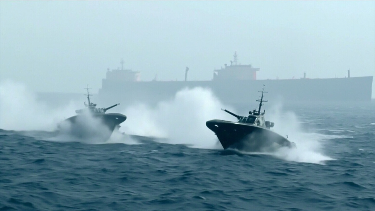Iranian fast-attack boats patrolling choppy waters in the Strait of Hormuz with a large oil tanker visible in the distance