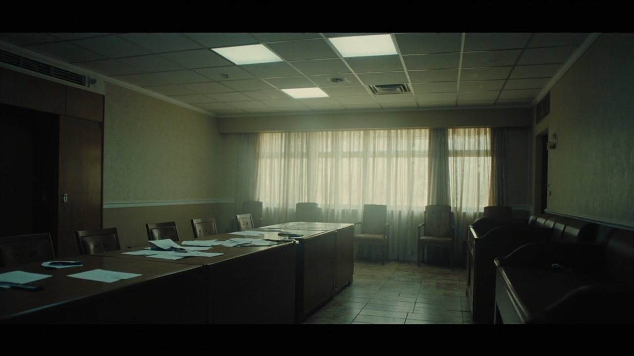 Split image of diplomatic conference tables in Islamabad, one empty and one with scattered papers, symbolizing the collapsed negotiations