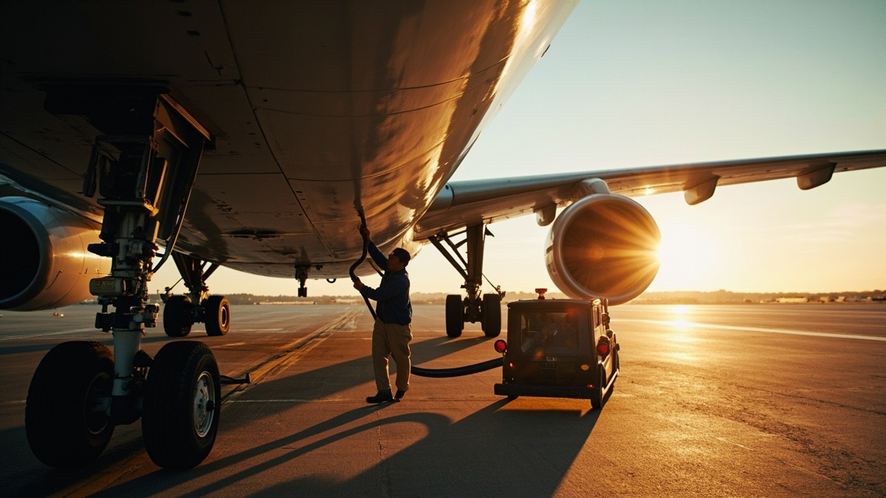 A refueling hose connected to a passenger aircraft on a tarmac