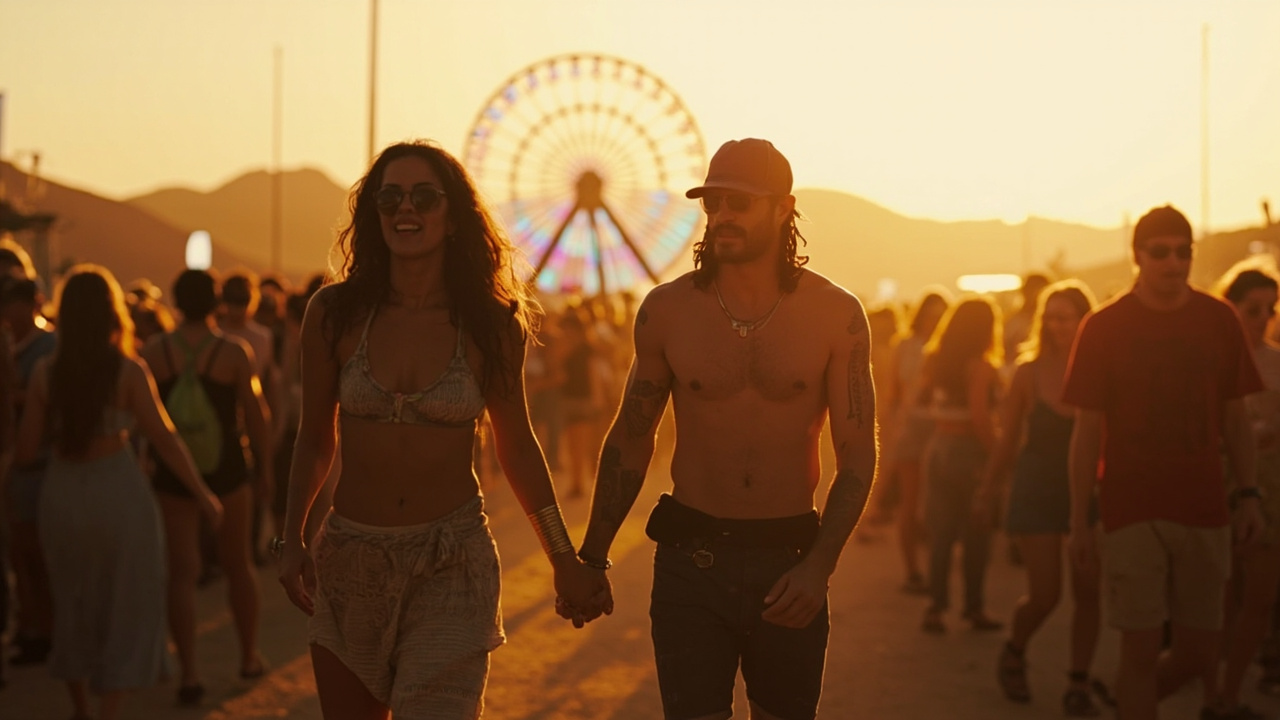 A couple walking hand-in-hand through a sunlit desert music festival crowd
