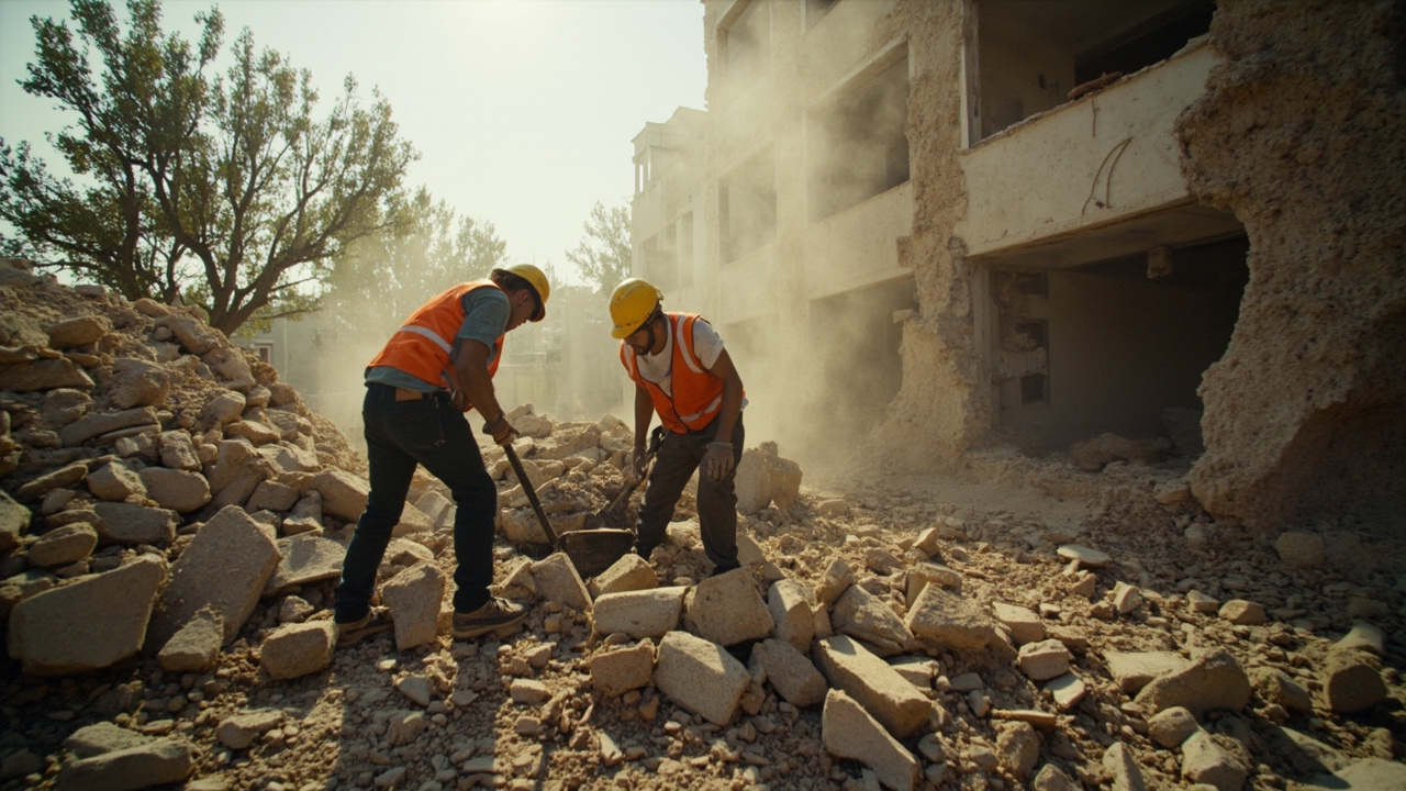Rescue workers dig through rubble of a destroyed building in southern Lebanon while dust fills the air