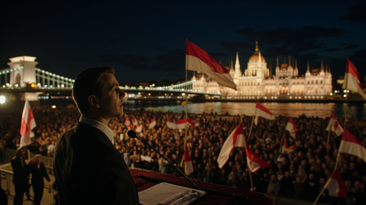 A political leader addressing a massive crowd on the banks of the Danube at night in Budapest, with the illuminated Chain Bridge in the background