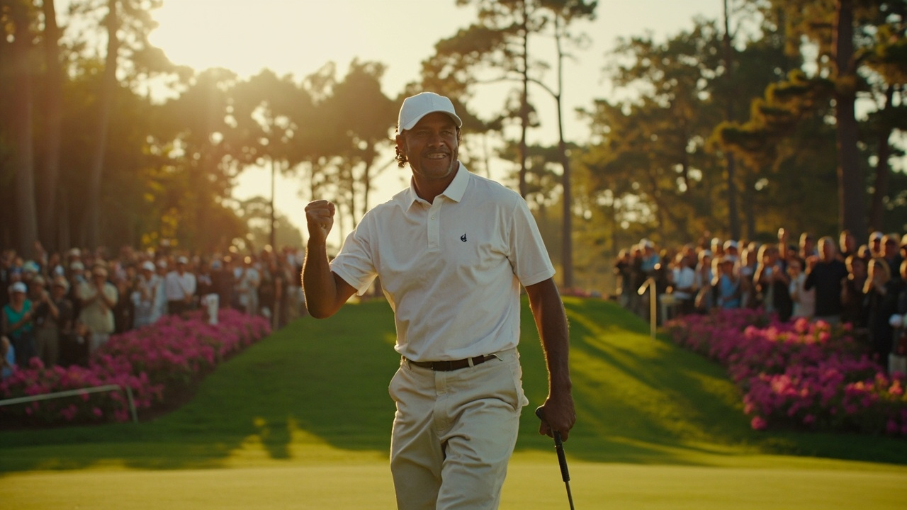 Rory McIlroy celebrating with a fist pump on the 13th green at Augusta National, crowd erupting behind him
