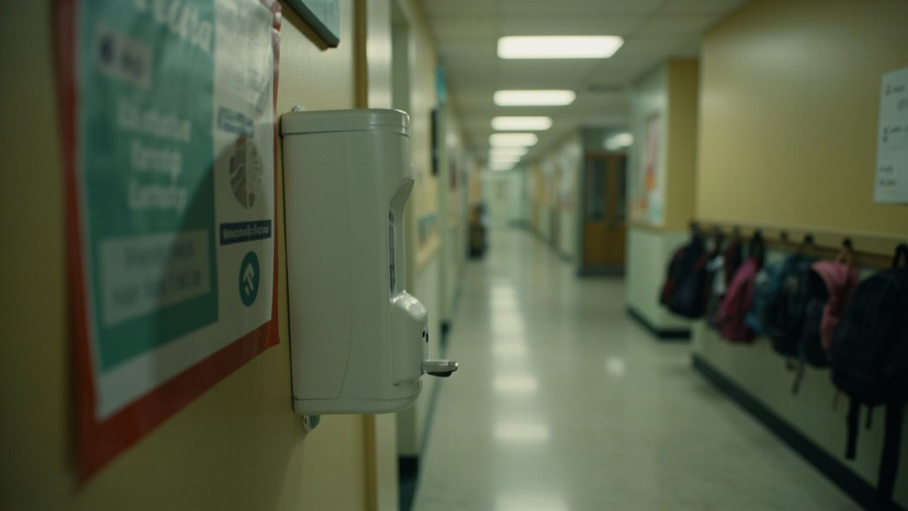 An empty school hallway with a hand sanitizer dispenser and a measles information poster on the wall